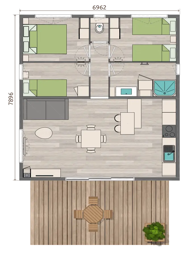 plan studio de jardin 50 m2 avec 3 chambres et 1 salle d'eau